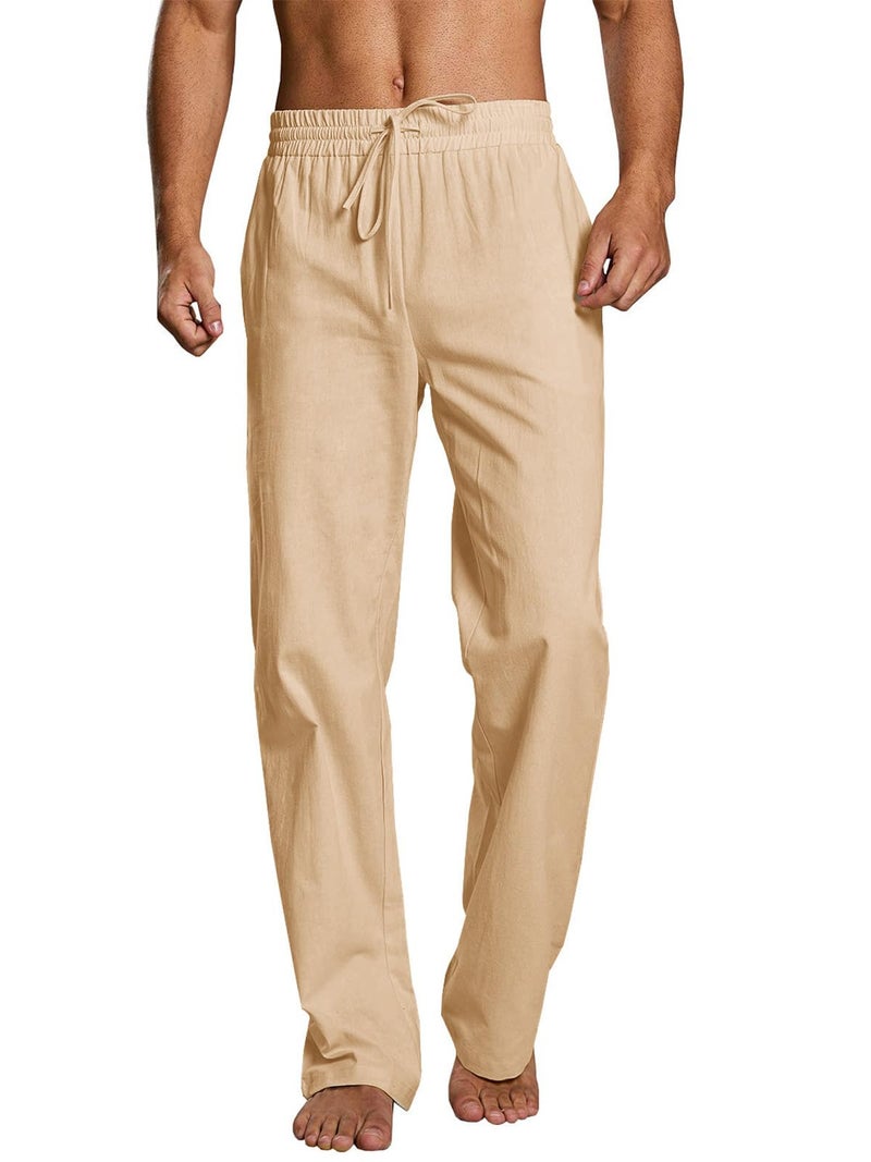 PASLTER Mens Casual Linen Pants Loose Fit Straight-Legs Elastic Drawstring Waist Summer Beach Yoga Long Pants B-Khaki - Image 1